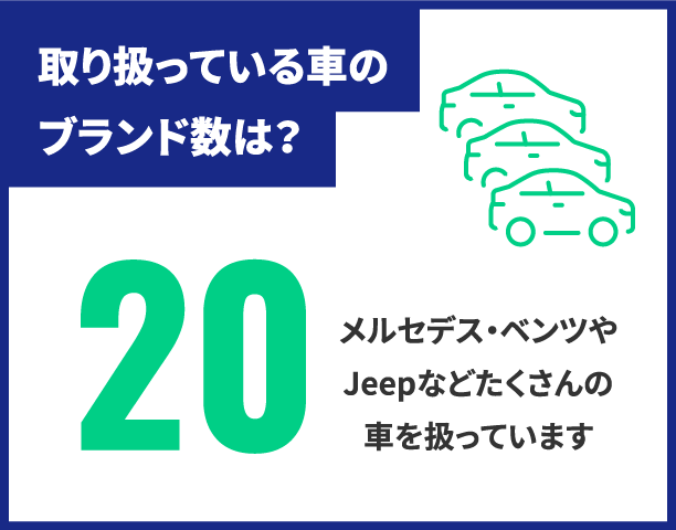 取り扱っている車のブランド数は？:20 メルセデス・ベンツやJeepなどたくさんの車を扱っています